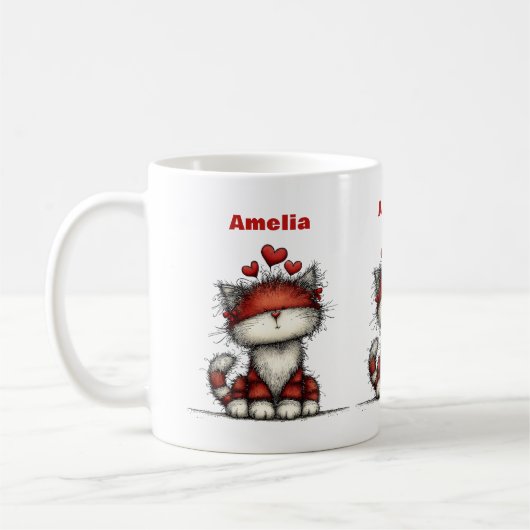かわいい赤いハートの猫 可愛くて面白い コーヒーマグカップ (左)