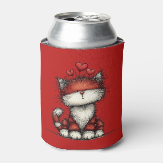 かわいい赤いハートの猫 可愛くて面白い 缶クーラー (缶正面)