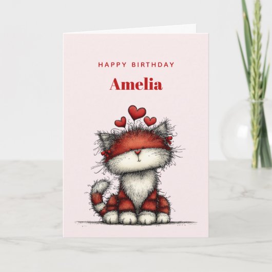 かわいい赤いハートの猫 誕生日おめでとう カード (正面)