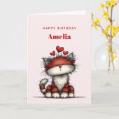 かわいい赤いハートの猫 誕生日おめでとう カード (黄色い花)
