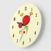 かわいい赤いハートの花と黄色い蝶 ラージ壁時計 (傾斜)