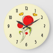 かわいい赤いハートの花と黄色い蝶 ラージ壁時計 (正面)