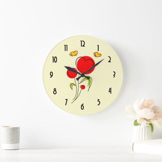 かわいい赤いハートの花と黄色い蝶 ラージ壁時計 (ホーム)