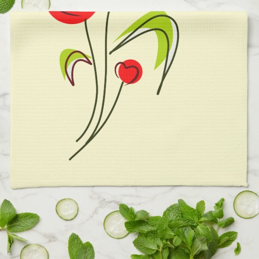 かわいい赤いハートの花と黄色の蝶 キッチンタオル (折り畳み)