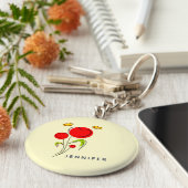 かわいい赤いハートの花と黄色の蝶 キーホルダー (側面)