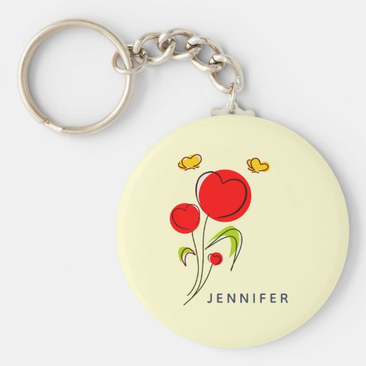 かわいい赤いハートの花と黄色の蝶 キーホルダー (正面)