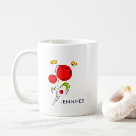 かわいい赤いハートの花と黄色の蝶 コーヒーマグカップ