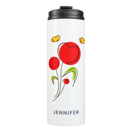 かわいい赤いハートの花と黄色の蝶 タンブラー (正面)