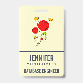 かわいい赤いハートの花と黄色の蝶 バッジ