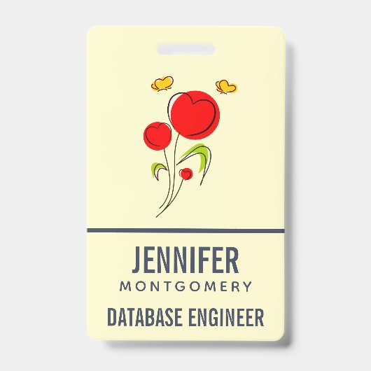 かわいい赤いハートの花と黄色の蝶 バッジ (正面)