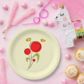 かわいい赤いハートの花と黄色の蝶 ペーパープレート (パーティー)