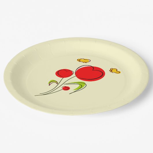 かわいい赤いハートの花と黄色の蝶 ペーパープレート (アングル)