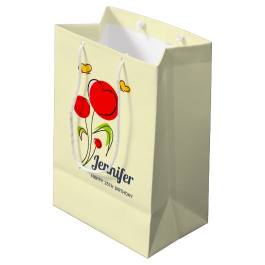 かわいい赤いハートの花と黄色の蝶 ミディアムペーパーバッグ (裏面アングル)