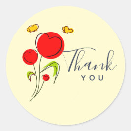 かわいい赤いハートの花と黄色の蝶 ラウンドシール
