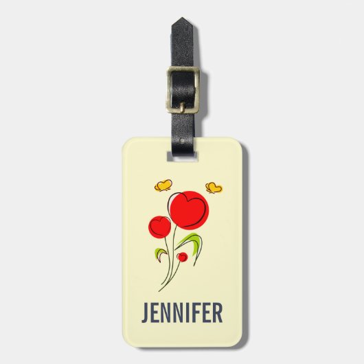 かわいい赤いハートの花と黄色の蝶 ラゲッジタグ (正面縦)