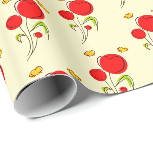 かわいい赤いハートの花と黄色の蝶 ラッピングペーパー (ロールコーナー)