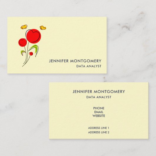 かわいい赤いハートの花と黄色の蝶 名刺 (正面/裏面)