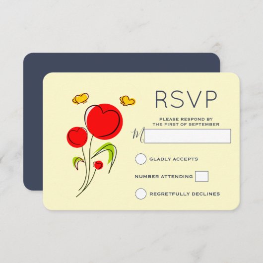 かわいい赤いハートの花と黄色の蝶RSVP 出欠カード (正面/裏面)