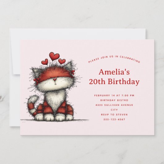 かわいい赤いハートの誕生日 招待状 (正面)