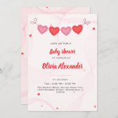 かわいい赤いハートの赤ちゃんシャワーとピンクの波線 招待状 (正面/裏面)