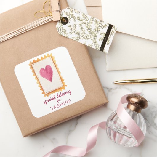 かわいい赤いハートスタンプ特別配送バレンタイン スクエアシール (ギフト)