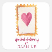 かわいい赤いハートスタンプ特別配送バレンタイン スクエアシール (正面)