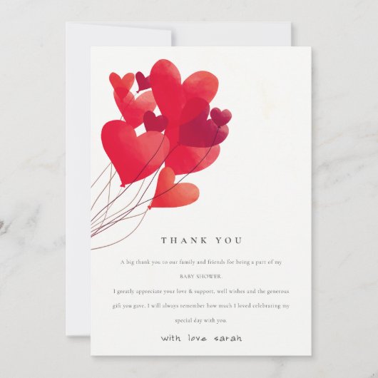 かわいい赤いハートバルーン甘い赤ちゃんシャワー サンキューカード (正面)
