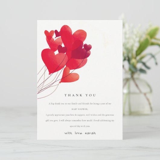 かわいい赤いハートバルーン甘い赤ちゃんシャワー サンキューカード (スタンド正面)