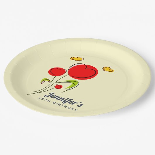 かわいい赤いハートフラワーズイラストレーション誕生日 ペーパープレート (アングル)