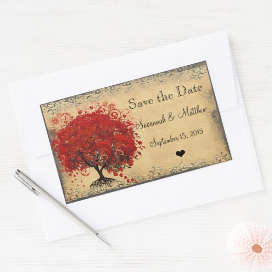 かわいい赤いハートリーフツリーウェディング 長方形シール (封筒)