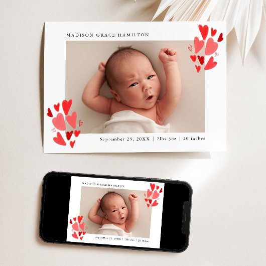 かわいい赤いハート写真誕生のお知らせ 案内状