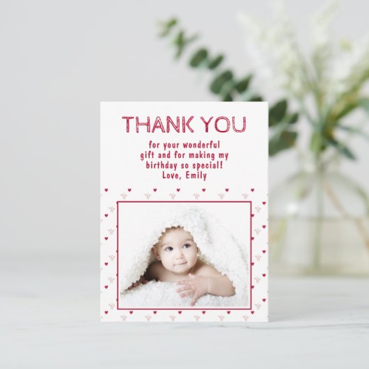 かわいい赤いハート柄フォト誕生日ありがとう ポストカード (スタンド正面)