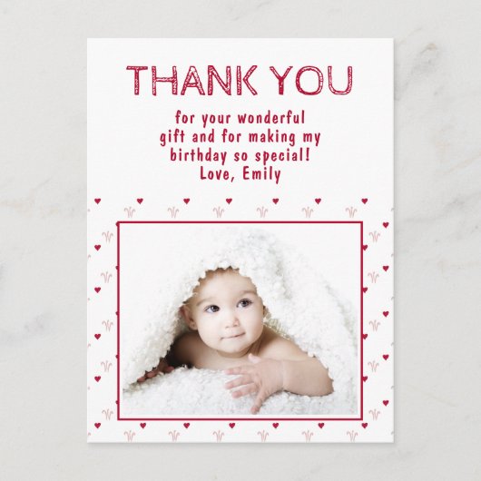 かわいい赤いハート柄フォト誕生日ありがとう ポストカード (正面)