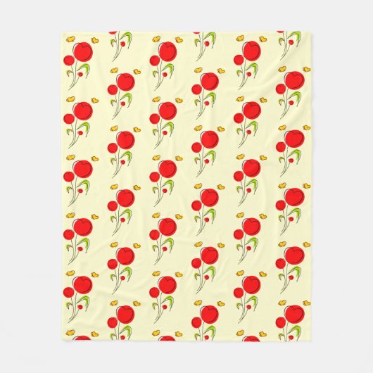 かわいい赤いハート花イラストレーション模様 フリースブランケット (正面)