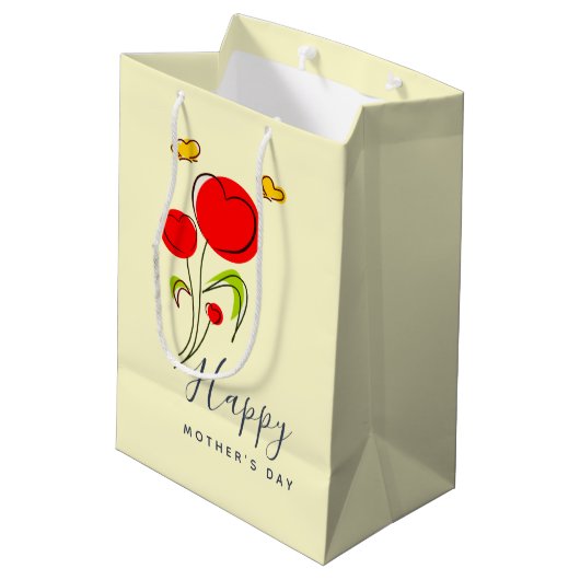 かわいい赤いハート花イラストレーション母の日 ミディアムペーパーバッグ (裏面アングル)