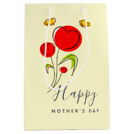 かわいい赤いハート花イラストレーション母の日 ミディアムペーパーバッグ