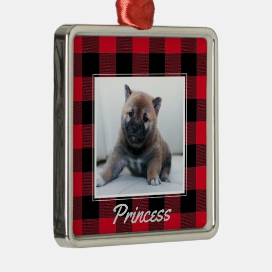 かわいい赤いバッファローのパーソナライズされた格子犬ペット メタルオーナメント (右)