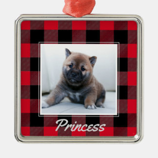 かわいい赤いバッファローのパーソナライズされた格子犬ペット メタルオーナメント
