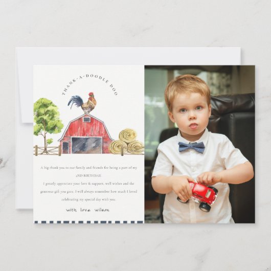 かわいい赤いバーンドロスターウォーターカラーフォト誕生日 サンキューカード (正面)