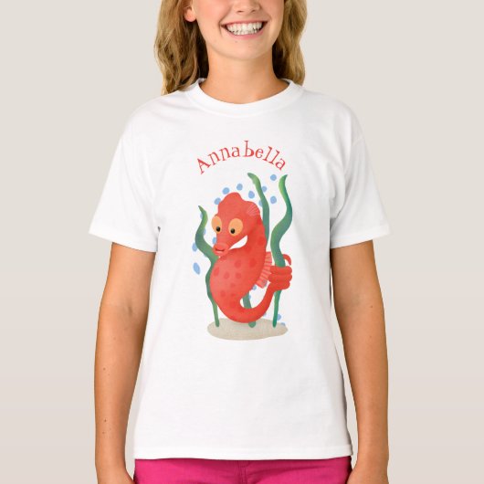 かわいい赤いピグミー・タツノオトシゴのキャラクターイラスト Tシャツ (正面)