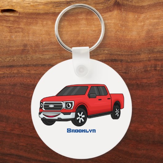 かわいい赤いピックアップトラックの漫画イラストレーション キーホルダー (正面)