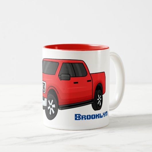 かわいい赤いピックアップトラックの漫画イラストレーション ツートーンマグカップ (正面右)