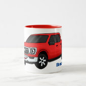 かわいい赤いピックアップトラックの漫画イラストレーション ツートーンマグカップ (中央)