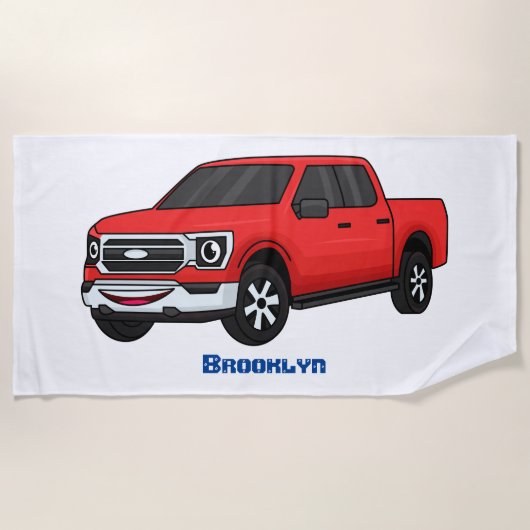 かわいい赤いピックアップトラックの漫画イラストレーション ビーチタオル (正面)