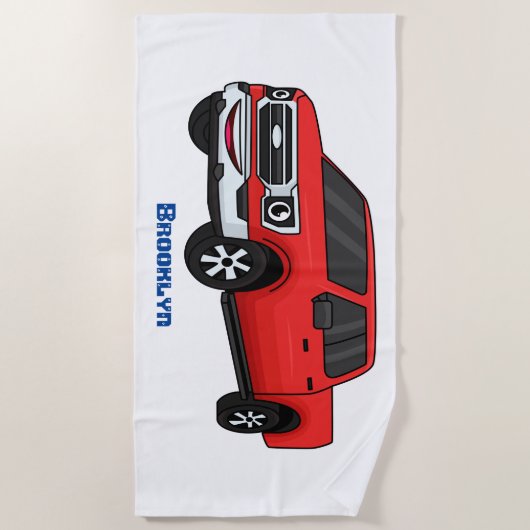 かわいい赤いピックアップトラックの漫画イラストレーション ビーチタオル (正面)