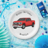 かわいい赤いピックアップトラックの漫画イラストレーション ペーパープレート (パーティー)