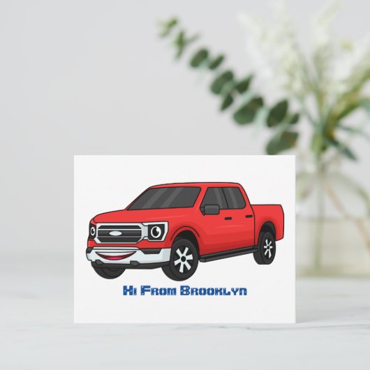 かわいい赤いピックアップトラックの漫画イラストレーション ポストカード (スタンド正面)