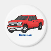 かわいい赤いピックアップトラックの漫画イラストレーション マグネット (正面)