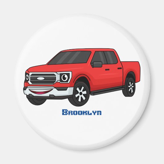 かわいい赤いピックアップトラックの漫画イラストレーション マグネット (正面)