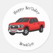 かわいい赤いピックアップトラックの漫画イラストレーション ラウンドシール (正面)